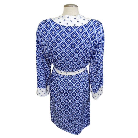 Flora Nikrooz Womens L Robe Housecoat Geometric Print Blue White Belted Jersey - Picture 5 of 9
